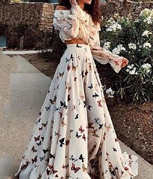 levne -Dámské Sada šatů Volnočasové šaty Boho Chic šaty Boho šaty s dlouhým rukávem Dovolená Čechy Módní Volány Tisk Dlouhé šaty Maxi šaty Pod rameny Dlouhý rukáv Motýl Volný Léto Jaro