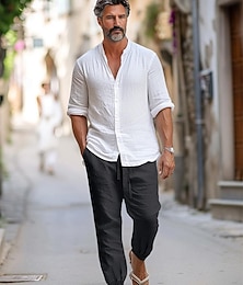 economico -100% lino Per uomo Pantaloni di lino Pantaloni Pantaloni estivi A cordoncino Vita elastica Polsino elastico Liscio Traspirante Comodo Giornaliero Da mare Per uscire Classico Informale Nero Blu marino