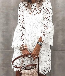economico -Per donna Mini Abito Abito Bianco Abito da Sposa in Pizzo Bianco Abito Boho Moda All'aperto Vestibilità regolare Semplice Manica 3/4 Girocollo Nero Bianco Estate