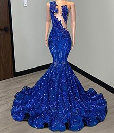 cheap -Mermaid / Trumpet Prom Dresses Elegant Dress Engagement Prom Court Train Sleeveless Jewel Neck African American Sequined with Sequin Appliques 2024