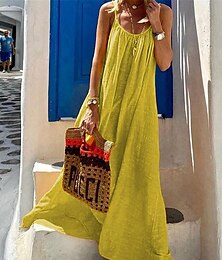 cheap -Women's Casual Dress Cotton Linen Dress Strap Dress Maxi long Dress Backless Basic Daily Vacation U Neck Sleeveless Summer Spring Yellow Red Plain