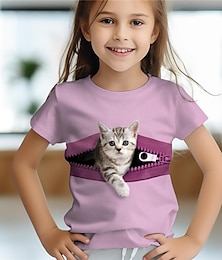 billige -Jente 3D Katt T-skjorte Skjorter Rosa Kortermet 3D-utskrift Sommer Aktiv Mote søt stil Polyester Barn 3-12 år Crew-hals utendørs Avslappet Daglig Normal
