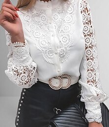 economico -Per donna Camicia Blusa Occhiello in alto Top per occhielli bianchi Colore dell'immagine 1 Colore dell'immagine 2 Colore dell'immagine 3 Liscio Pizzo Tagliato Manica lunga Informale Giornaliero