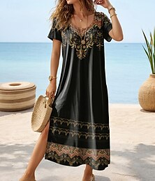 abordables -Robe Maxi Femme Robe Décontractée Robe T-shirt Robe Tee Robe d'été Bohémienne Rendez-vous Coupe Régulière Géométrique Manches Courtes Col Rond Noir Gris Foncé Été