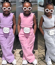 olcso -Lány 3D Tömör szín Készlet Ujjatlan Nyár Édes Pamut Poliészter Kisgyermek 2-8 év Vakáció Laza öltözet