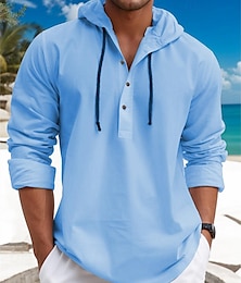cheap -Men's Shirt Linen Shirt Summer Shirt Beach Shirt White Blue Brown Long Sleeve Plain Hooded Spring & Summer Casual Daily Clothing Apparel