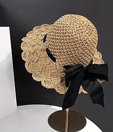 economico -elegante cappello di paglia alla moda con volant traspirante cappelli da sole estivi tinta unita cappelli da viaggio all'aperto per donne e ragazze