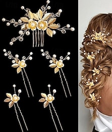 economico -5 pezzi di foglia dorata forcina fiore perla forcella per capelli da sposa copricapo vintage matrimonio donna elegante decorazione accessori per capelli