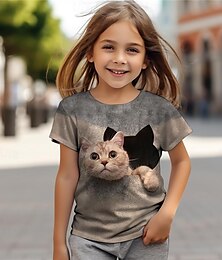 billiga -Flickor 3D Katt T-shirt Skjortor Kortärmad 3D-tryck Sommar Aktiv Mode söt stil Polyester Barn 3-12 år Rund hals Utomhus Ledigt Dagligen Normal