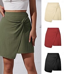 abordables -Femme Jupe Jupes en lin basique Décontractées Mini Taille haute Jupes Couleur Pleine Pointes fourchues Casual Quotidien Fin de semaine Vin Noir Vert Véronèse Abricot Eté Coton et lin