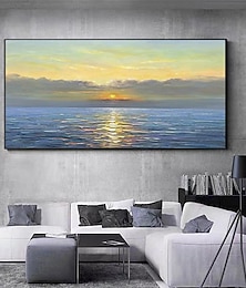 cheap -Large Hand painted Sunset Seascape Oil Painting on Canvas Original Abstract Blue Sea Landscape Painting Textured Wall Art Living Room Home Decor No Frame