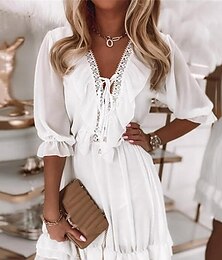 economico -Per donna Vestito bianco Mini abito Chiffon Lacci Con balze Appuntamento Da mare Streetwear A V Mezza manica Bianco Colore