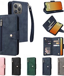 abordables -teléfono Funda Para iPhone 16 iPhone 15 Pro Max iPhone 14 13 12 11 Pro Max Mini SE X XR XS Max 8 7 Plus Tarjetas billetera Cremallera con correa de muñeca Caballete Retro TPU Cuero de PU