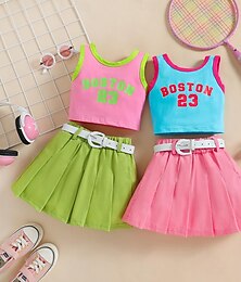 cheap -3 Pieces Toddler Girls' Letter Crewneck Skirt & Shirt Set Sleeveless Fashion Outdoor 3-7 Years Summer Pink Blue
