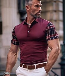 cheap -Men's Polo Shirt Golf Shirt Casual Holiday Lapel Short Sleeve Fashion Basic Color Block Plaid / Check Patchwork Summer Regular Fit Burgundy Brown Polo Shirt