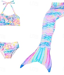cheap -Kids Girls‘ Swimwear Bikini 3-10 Years 3pcs Three Piece Swimsuit Mermaid Tail The Little Mermaid Swimwear Gradient Sleeveless Blue Rainbow Red Beach Active Cosplay Costumes Bathing Suits Summer