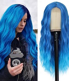 economico -parrucca blu lunga blu ondulata parrucche per donne riga in mezzo parrucca blu ombré parrucca sintetica riccia naturale da 26 pollici parrucche in fibra resistente al calore per uso quotidiano alle