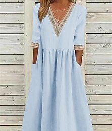 cheap -Women's Casual Dress Cotton Linen Dress Midi Dress Patchwork Basic Daily V Neck Half Sleeve Summer Spring White Navy Blue Plain