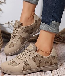 cheap -Women's Sneakers Plus Size Comfort Shoes Outdoor Daily Embroidered Flowers Embroidery Lace-up Low Heel Round Toe Sexy Casual Comfort Walking PU Lace-up Khaki