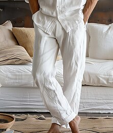 ieftine -Bărbați Pantaloni de in Pantaloni Pantaloni de vară Buzunar Talie elastică Picior drept Simplu Confort Respirabil Casual Zilnic Concediu Amestec de Lână / Bumbac Modă Stil Clasic Alb Albastru celest