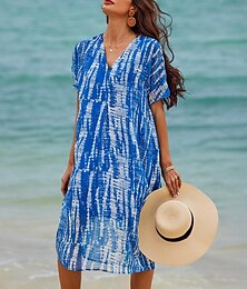 abordables -Femme Robe mi-longue Robe tunique Vêtement de rue mode Maxi Vacances Plein Air Ample Tie Dye Manche Courte Col V Bleu Eté