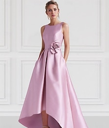 cheap -A-Line Cocktail Dresses Elegant Dress Formal Wedding Guest Floor Length Sleeveless Boat Neck Pink Dress Satin with Pocket 2024