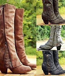 abordables -Botas vaqueras vintage para mujer con detalles de encaje y cremallera lateral, botas de gamuza hasta media pantorrilla para un estilo informal y campestre