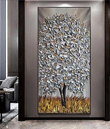cheap -Mintura Handmade Silver Tree Landscape Oil Paintings On Canvas Wall Art Decoration Modern Abstract Gold Tree Pictures For Home Decor Rolled Frameless Unstretched Painting