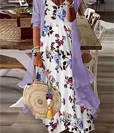 cheap -Women's Two Piece Dress Set Casual Dress Print Dress Outdoor Vacation Fashion Casual Print Mini Dress V Neck 3/4 Length Sleeve Floral Loose Fit Black Blue Light Purple Summer Spring S M L XL XXL