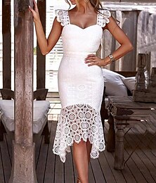 billige -Dame Hvit kjole Midikjole Åpen rygg med erme Stevnemøte Feriereise Gatemote Sexy Med stropper Ermeløs Hvit Farge