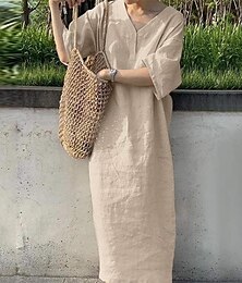 cheap -Women's Casual Dress Cotton Summer Dress Maxi Dress Linen Basic Basic Daily V Neck Half Sleeve Summer Spring Navy Blue Orange Plain