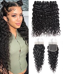 cheap -12A Water Wave Bundles With Frontal Wet and Wavy Virgin Curly Loose Deep 100% Human Hair Bundles With Closure  Hair