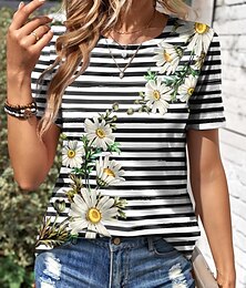 billige -Dame T-skjorte Daisy Blomster Stripes Trykk Rundhals Kortermet Uformell Sommer Topp Vanlig Passform Motetee Svart Hvit Gul