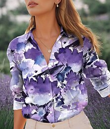 economico -Camicia da donna moda streetwear floreale stampa bottoni manica lunga tops regolari colletto casual vacanza viola estate primavera
