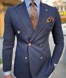 economico -Blazer office preppy casual per uomini giacca colore solido vestibilità regolare taglio sartoriale a doppio petto sei bottoni verde militare nero bianco blu navy