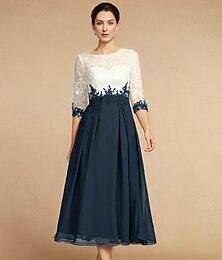 economico -Abito Madre della Sposa A-Line Abito da Matrimonio Ospiti Elegante Vintage Collo Gioiello Lunghezza Tè Chiffon Pizzo Maniche Corte con Appliques in Pizzo Color Block 2025 taglia personalizzata