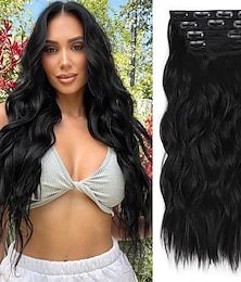 abordables -extension de cheveux synthétiques longs ondulés à clips 24 pouces noir 4 pièces postiches épaisses fibre double trame cheveux pour femmes