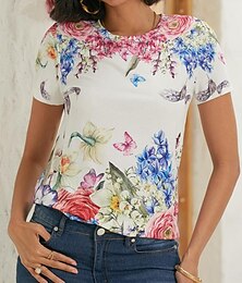 cheap -Women's T shirt Tee Floral Print Daily Weekend Fashion Short Sleeve Round Neck Black Summer