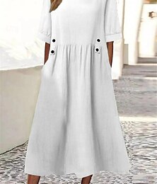 رخيصةأون -نسائي فستان أبيض لباس غير رسمي فستان من القطن والكتان فستان ميدي أزرار جيب أساسي مناسب للبس اليومي رقبة عالية مدورة نصف كم الصيف الربيع أبيض أرجواني سهل