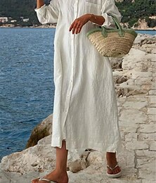 abordables -Femmes Robe Midi Robe Blanche Robes en coton et lin Robe Chemise Robe Décontractée Basique Moderne Quotidien Week-end Coupe Ample Uni Manche 3/4 Col de chemise Noir Blanche Rose Claire bleu marine