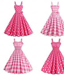 baratos -Retro Vintage Anos 50 Rockabilly Vestidos Vestido swing Xadrez Guingão Bolinhas Fantasia Mulheres Carnaval Baile de Máscaras Dia a Dia Festa de Solteira Adulto Vestido Vestidos de baile