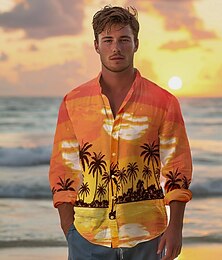 billige -Herre Kokosnøttre Skjorte Skjorte med knapper Trykte skjorter Langermet Hawaiisk Feriested Feriereise Dagligdagstøy Strand Vår sommer Knaphul Trykt mønster Oransje