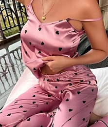 cheap -Women's Pajamas Sets Heart Fashion Comfort Home Daily Bed Satin Breathable Straps Sleeveless Strap Top Pant Button Pocket Summer Spring Black Pink