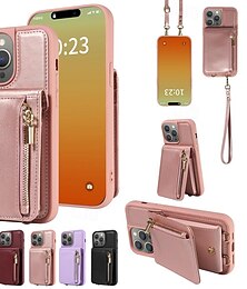 זול -טלפון מגן עבור iPhone 17 Pro Max 17 Air 16 15 14 Pro Max Plus 13 12 11 Pro Max מארז כרטיס ארנק רוכסן עם שרוך עם רצועת יד רטרו TPU עור PU