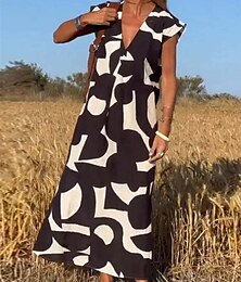 رخيصةأون -نسائي لباس غير رسمي فستان تصميم تانك كشكش طباعة V رقبة فستان طويل ماكسي عطلة بدون كم الصيف