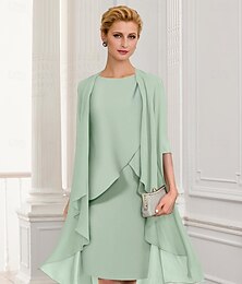 cheap -Two Piece Sheath / Column Mother of the Bride Dress Elegant Jewel Neck Knee Length Chiffon Half Sleeve Wrap Included with Ruching 2024