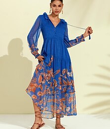 economico -abito boho in chiffon con fiori tropicali e maniche a sbuffo