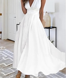 voordelige -Dames Witte jurk Lange jurk maxi-jurk Katoen Met ruches Afspraakje Vakantie Streetwear Maxi V-hals Mouwloos Zwart Wit Blozend Roze Kleur