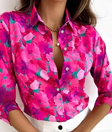 economico -Camicia da donna stampa floreale maniche 3/4 colletto a punta rosa magenta bianca botton-down primavera estate casual elegante vacanze taglie disponibili