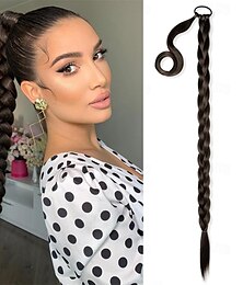 abordables -extension de queue de cheval longue tressée avec attache de cheveux noir extensions de cheveux droites enveloppantes queue de cheval morceau de cheveux synthétiques doux et naturels pour les femmes à